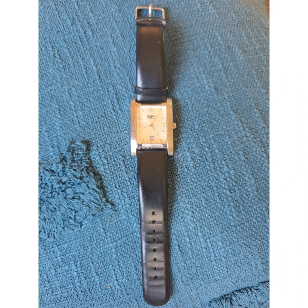 Mossimo Watch Men's Black Leather Adjustable Band Silver Face Rectangle
